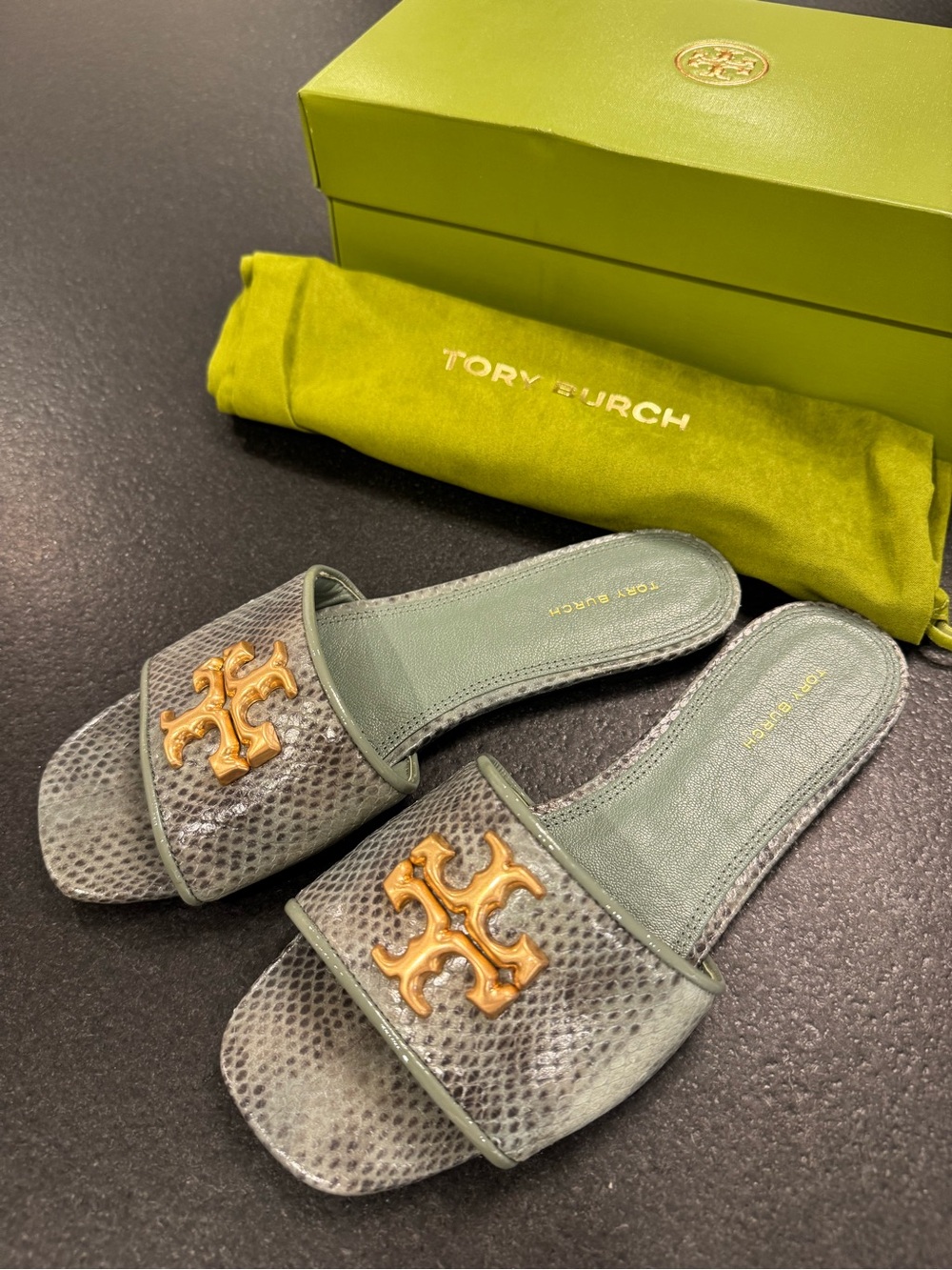 Tory Burch Eleanor Slide in Stamped Snake Leather with Gold Hardware